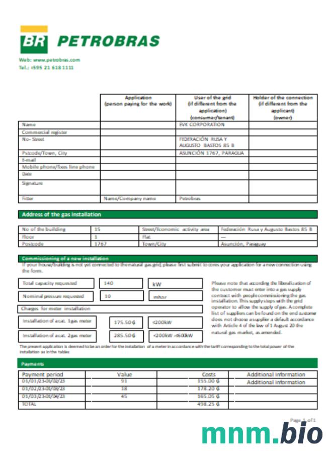 Petrobras Paraguay Operations and Logistics gas company rachunek za usługi komunalne